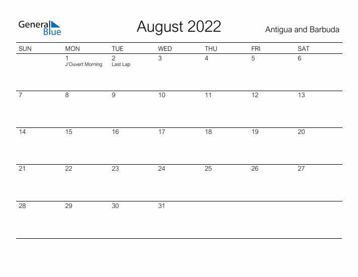 Printable August 2022 Calendar for Antigua and Barbuda