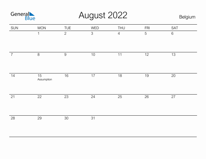 Printable August 2022 Calendar for Belgium