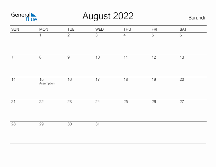 Printable August 2022 Calendar for Burundi