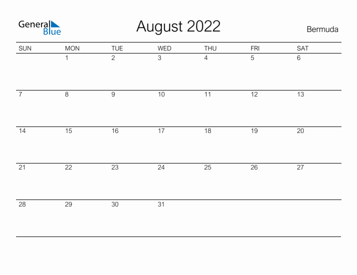Printable August 2022 Calendar for Bermuda
