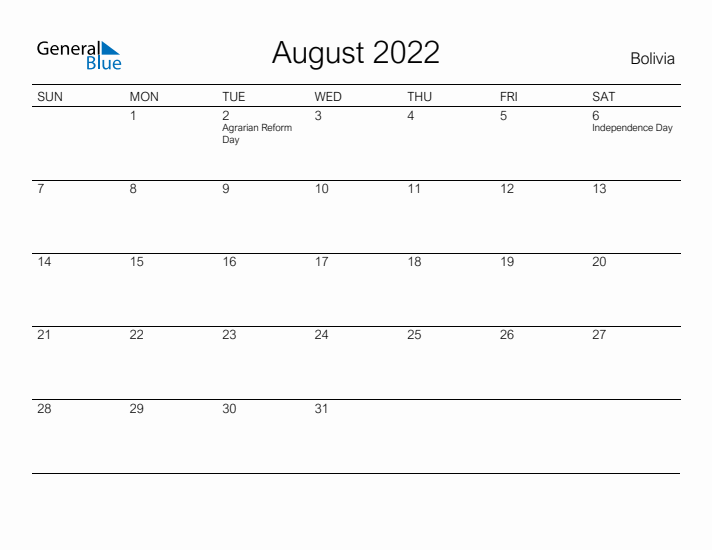 Printable August 2022 Calendar for Bolivia