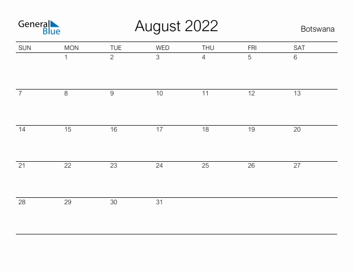Printable August 2022 Calendar for Botswana