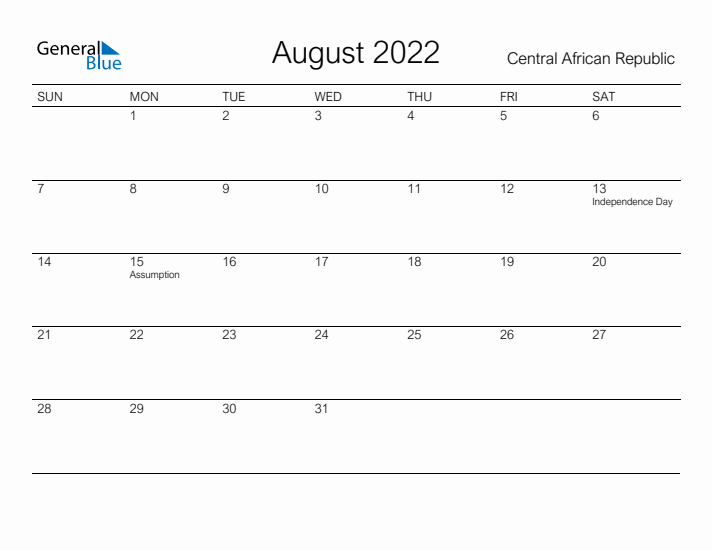 Printable August 2022 Calendar for Central African Republic