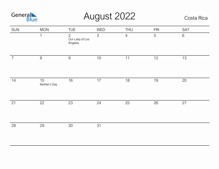 Printable August 2022 Calendar for Costa Rica