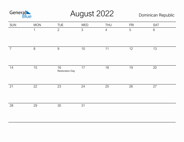 Printable August 2022 Calendar for Dominican Republic