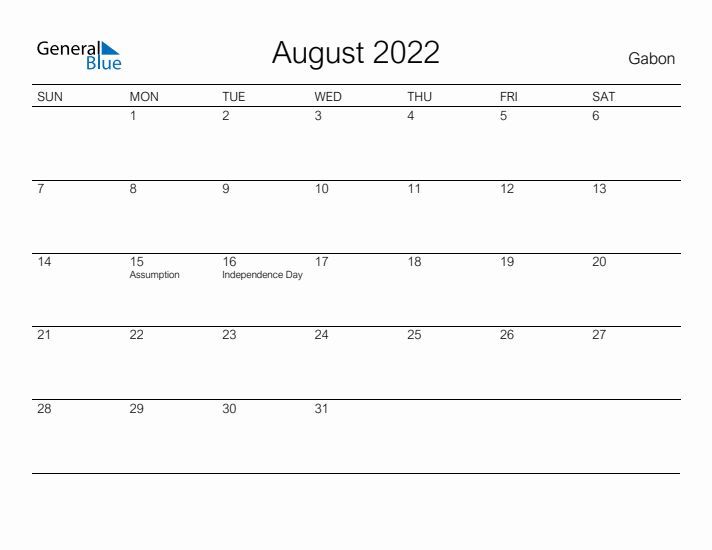 Printable August 2022 Calendar for Gabon