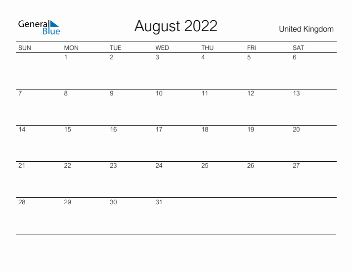 Printable August 2022 Calendar for United Kingdom