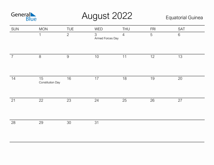 Printable August 2022 Calendar for Equatorial Guinea
