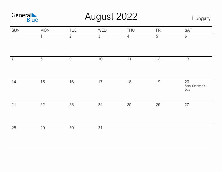Printable August 2022 Calendar for Hungary