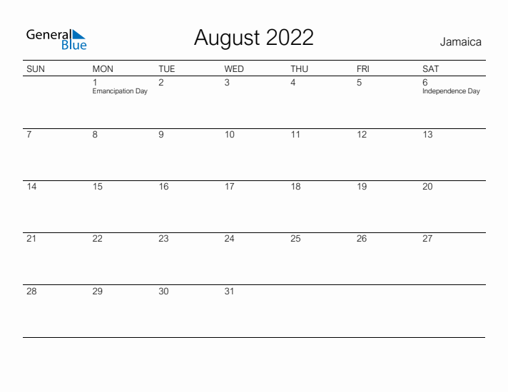 Printable August 2022 Calendar for Jamaica