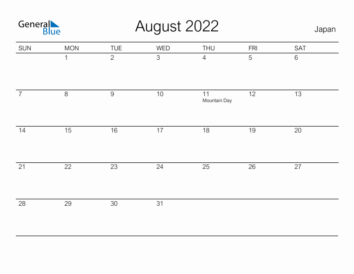 Printable August 2022 Calendar for Japan