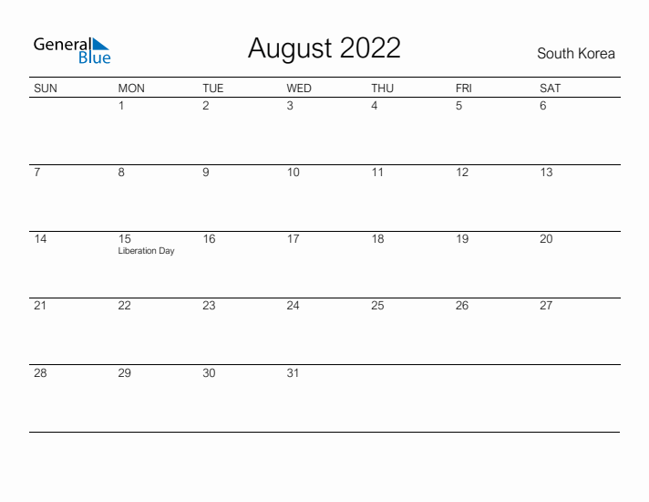 Printable August 2022 Calendar for South Korea