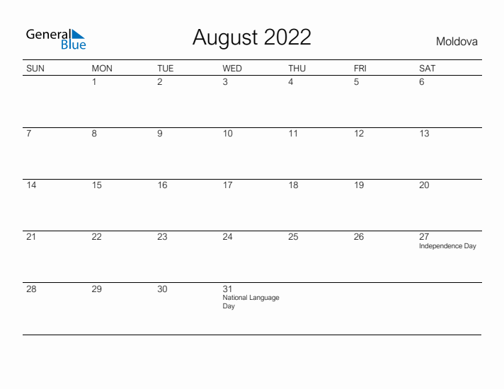 Printable August 2022 Calendar for Moldova
