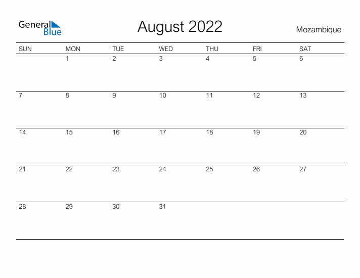 Printable August 2022 Calendar for Mozambique