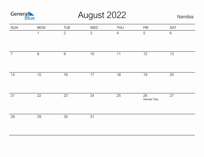 Printable August 2022 Calendar for Namibia