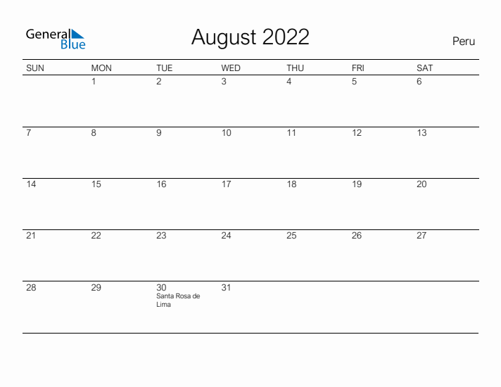 Printable August 2022 Calendar for Peru