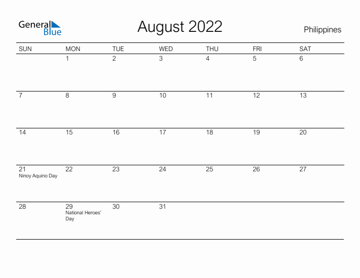 Printable August 2022 Calendar for Philippines