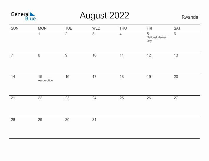Printable August 2022 Calendar for Rwanda