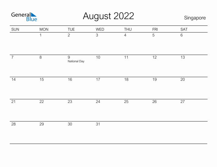 Printable August 2022 Calendar for Singapore