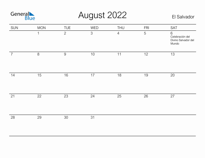 Printable August 2022 Calendar for El Salvador