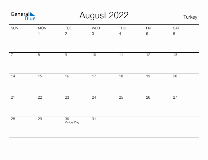 Printable August 2022 Calendar for Turkey