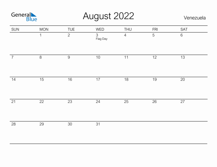 Printable August 2022 Calendar for Venezuela