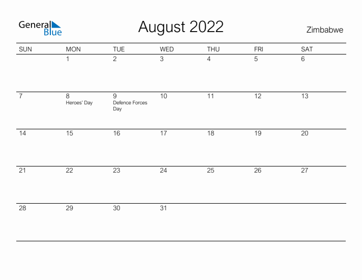 Printable August 2022 Calendar for Zimbabwe