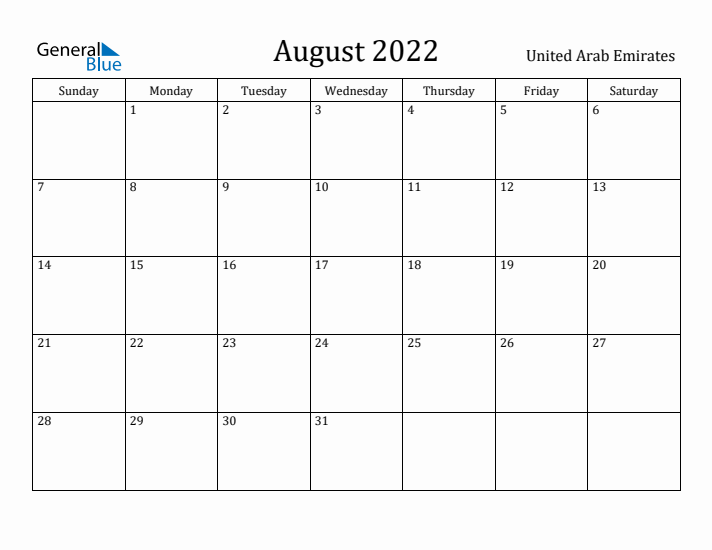August 2022 Calendar United Arab Emirates