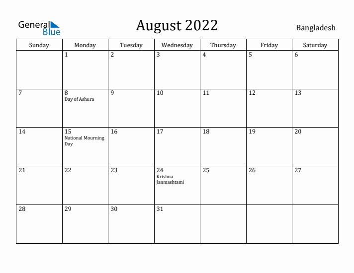 August 2022 Calendar Bangladesh