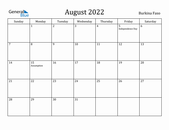 August 2022 Calendar Burkina Faso