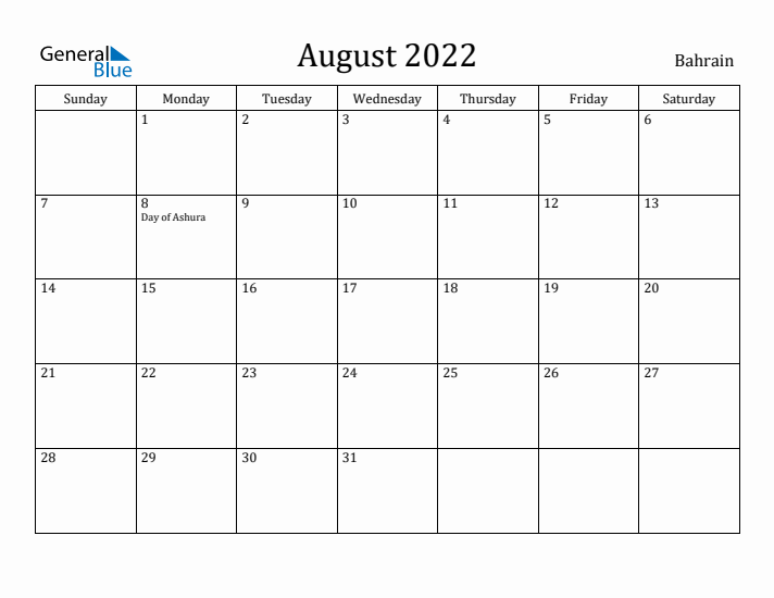 August 2022 Calendar Bahrain