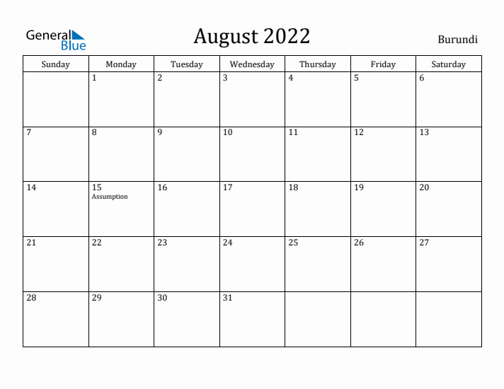 August 2022 Calendar Burundi