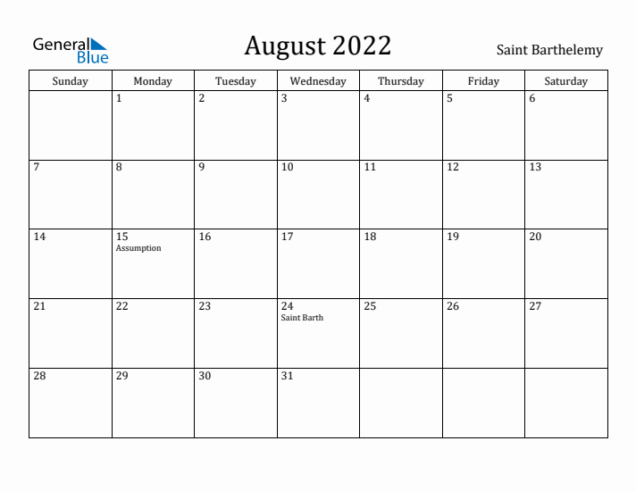 August 2022 Calendar Saint Barthelemy