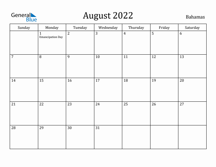 August 2022 Calendar Bahamas