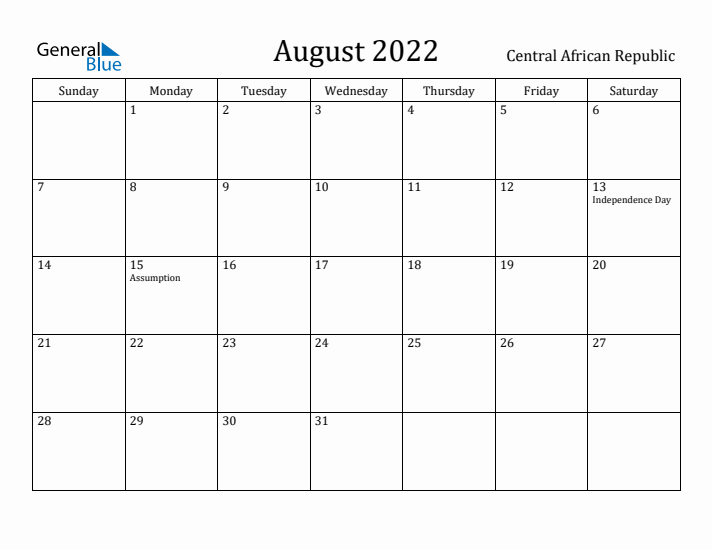 August 2022 Calendar Central African Republic