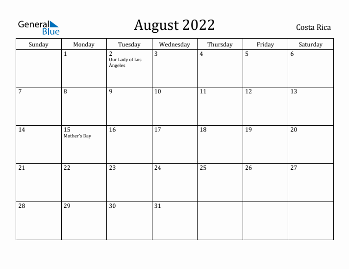 August 2022 Calendar Costa Rica