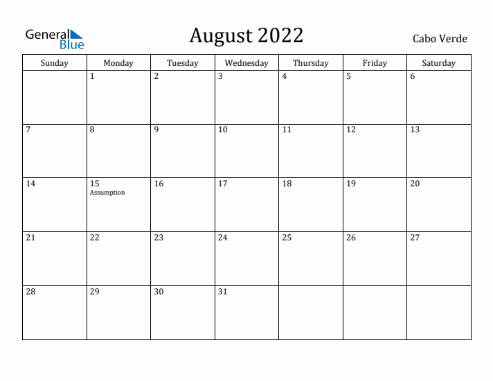 August 2022 Calendar Cabo Verde