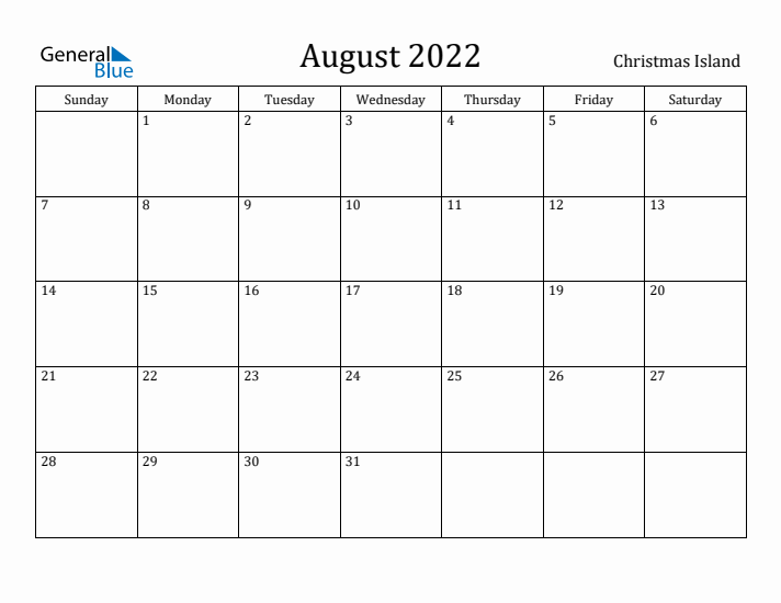 August 2022 Calendar Christmas Island