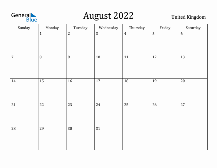 August 2022 Calendar United Kingdom