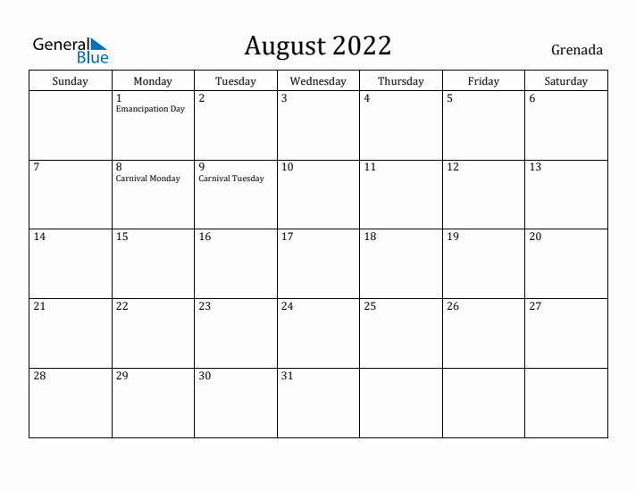 August 2022 Calendar Grenada