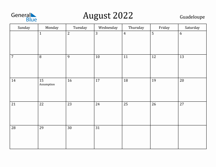 August 2022 Calendar Guadeloupe