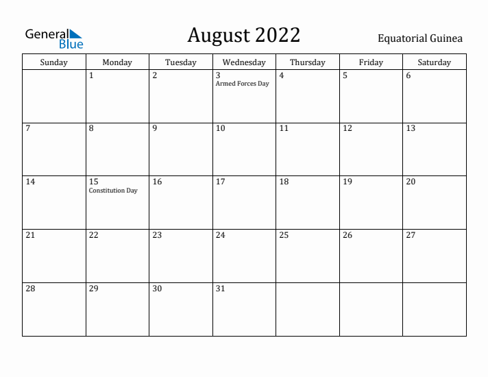 August 2022 Calendar Equatorial Guinea