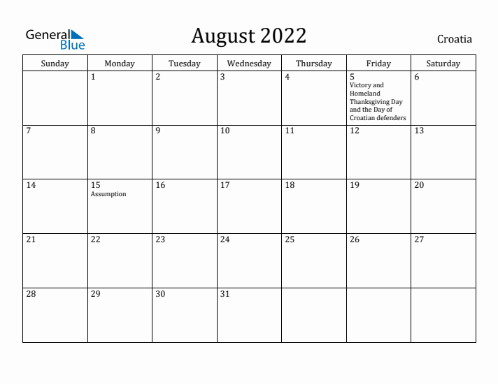 August 2022 Calendar Croatia