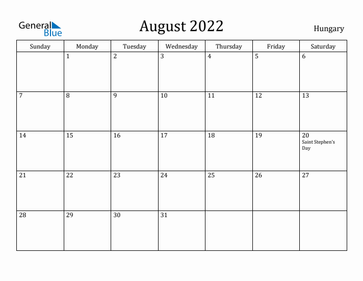 August 2022 Calendar Hungary