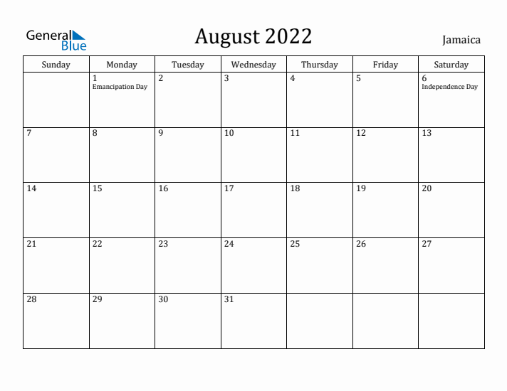 August 2022 Calendar Jamaica