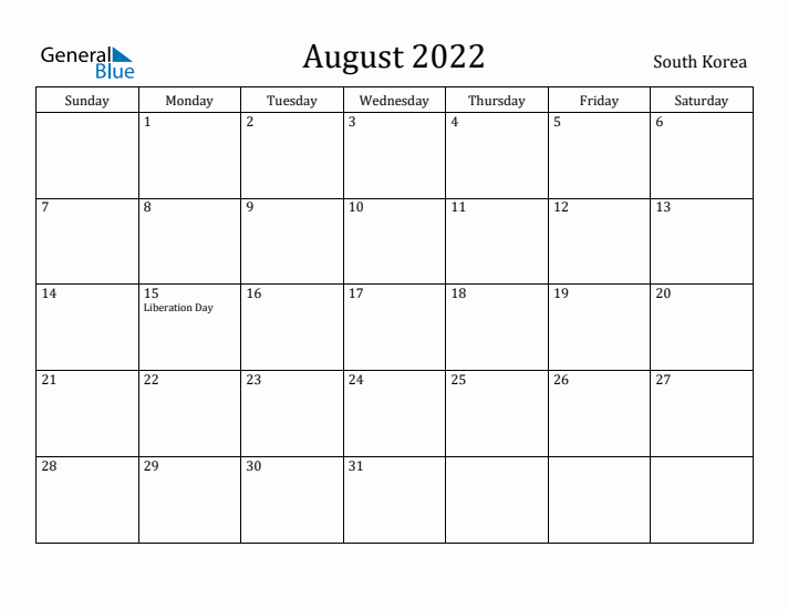 August 2022 Calendar South Korea