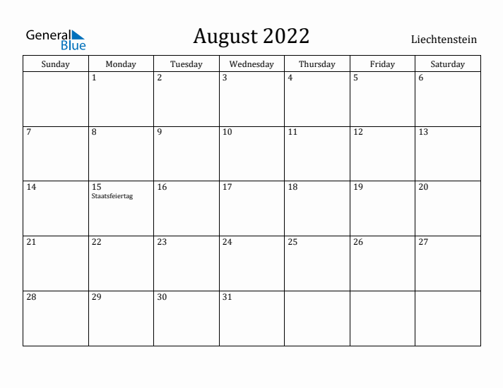August 2022 Calendar Liechtenstein