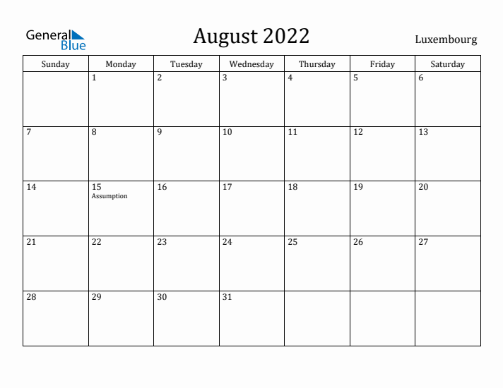 August 2022 Calendar Luxembourg