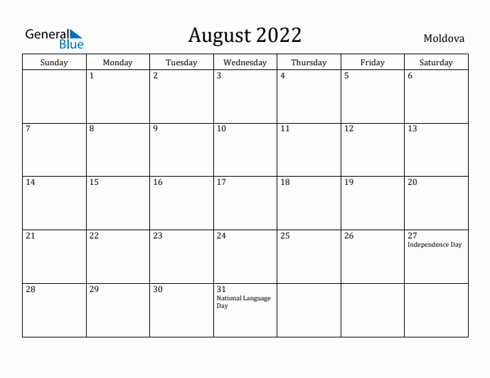 August 2022 Calendar Moldova