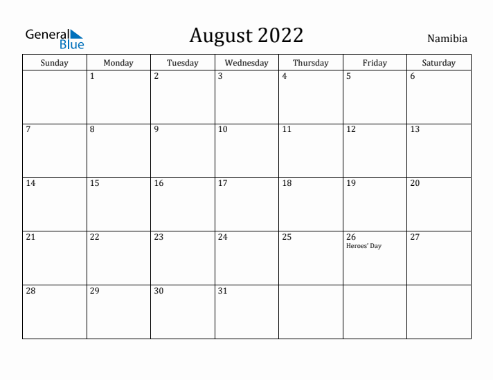 August 2022 Calendar Namibia